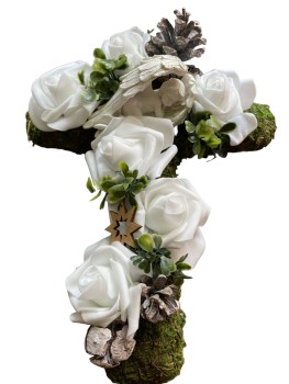 Grabschmuck, Allerheiligengesteck, Kreuz FH0005 - Moos - Rosen weiß mit Engel