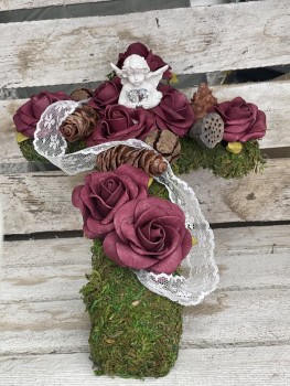 Grabschmuck, Allerheiligengesteck, Kreuz FH0014 - Moos - Rosen mauve mit Engel