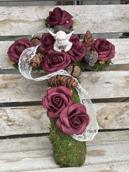 Grabschmuck, Allerheiligengesteck, Kreuz FH0014 - Moos - Rosen mauve mit Engel