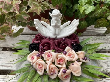 Grabschmuck, Allerheiligengesteck, Kranz FH0039 - schwarz, bordeaux, aprikot - Engel in Hand