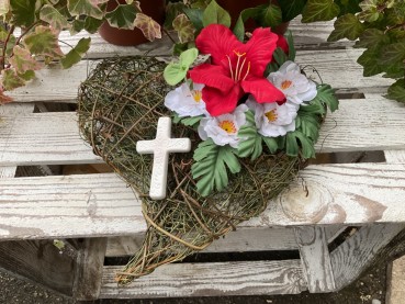 Grabschmuck, Allerheiligengesteck, Herz FH0040 - weiß & rot - Kreuz