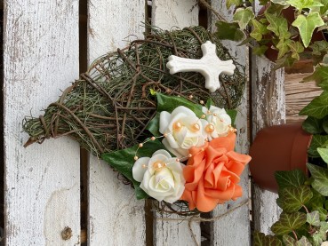 Grabschmuck, Allerheiligengesteck, Herz FH0042 - weiß & orange - Kreuz