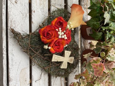 Grabschmuck, Allerheiligengesteck, Herz FH0043 - Rosen & Calla - orange - Kreuz