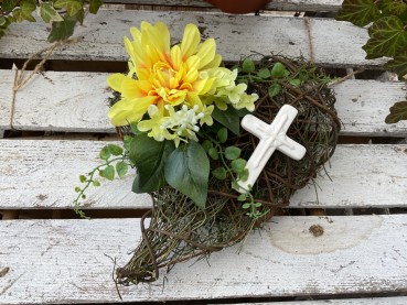 Grabschmuck, Allerheiligengesteck, Herz FH0044 - gelb - Kreuz