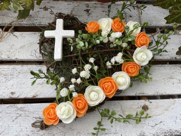 Grabschmuck, Allerheiligengesteck, Herz FH0044 - orange - weiß - Kreuz