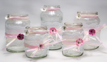 Preview: SONDERANGEBOT ** 5 x Windlicht Hochzeit Tischdeko Vintage Spitze TD0071