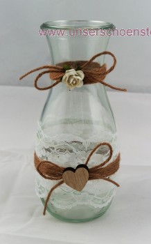 2 x Karaffe Windlicht Vase Hochzeit Tischdeko Herz Spitze Vintage Taufe Jute Kerzenhalter TD0075