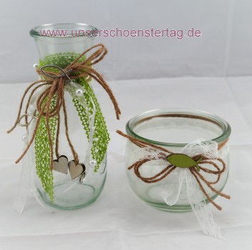 2 x Windlicht Vase Hochzeit Tischdeko Herz Spitze Vintage Taufe Kommunion Kerzenhalter TD0077