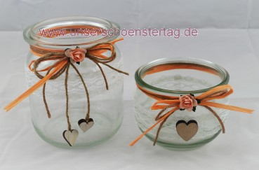 2 x Windlicht Vase Hochzeit Tischdeko Herz Spitze Vintage Taufe Kommunion Kerzenhalter TD0080 aprikot