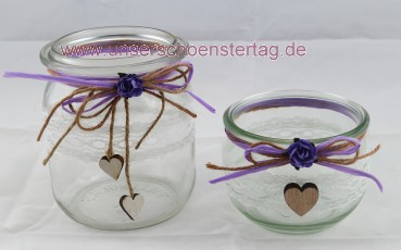 2 x Windlicht Vase Hochzeit Tischdeko Herz Spitze Vintage Taufe Kommunion Kerzenhalter TD0081 flieder