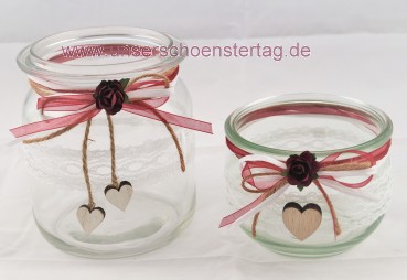 2 x Windlicht Vase Hochzeit Tischdeko Herz Spitze Vintage Taufe Kommunion Kerzenhalter TD0082 bordeaux