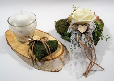 Tischdekoration für ca. 30-40 Pers. Vintage zur Hochzeit TD0114 - Vintage Spitze Moos Birkenscheiben