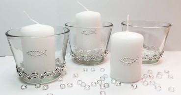 SET : 3 Kerzen & 3 Gläser Tischdekoration Hochzeit Taufe Kommunion Konfirmation VK006