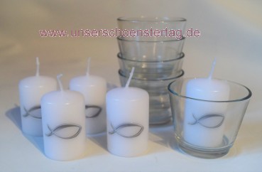 SET : 5 Kerzen & 5 Gläser Tischdekoration Hochzeit Taufe Kommunion Konfirmation VK010 Fisch