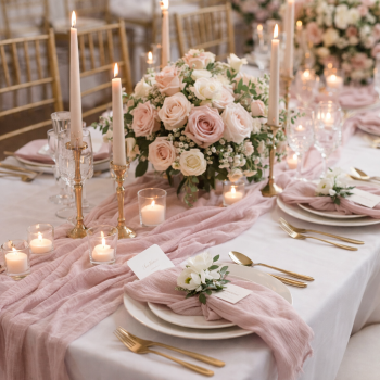 Vermietung von Musselin Stoff Tischläufer ca. 300 cm x 40 cm - Farbe antikrosa / 5,50 €