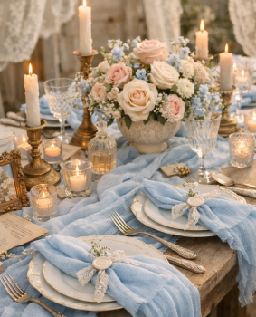 Preview: Vermietung von Musselin Stoff Tischläufer ca. 300 cm x 40 cm - Farbe hellblau / 5,50 €