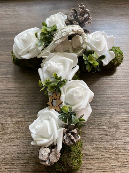 Grabschmuck, Allerheiligengesteck, Kreuz FH0005 - Moos - Rosen weiß mit Engel