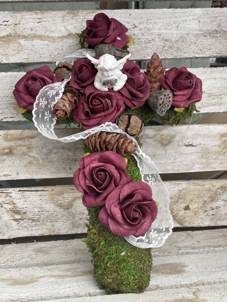 Grabschmuck, Allerheiligengesteck, Kreuz FH0014 - Moos - Rosen mauve mit Engel