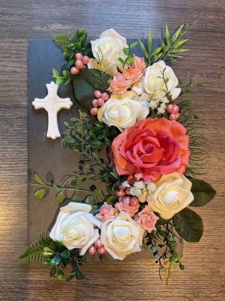 Grabschmuck, Allerheiligengesteck, Kreuz FH0025 - Schieferplatte
