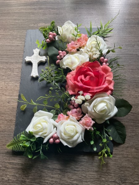 Grabschmuck, Allerheiligengesteck, Kreuz FH0025 - Schieferplatte