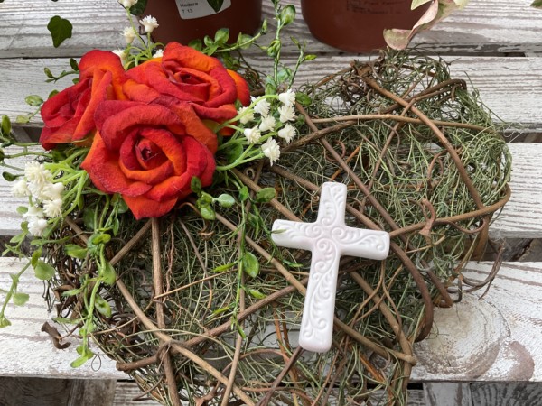 Grabschmuck, Allerheiligengesteck, Herz FH0031 - Rosen orange - Kreuz