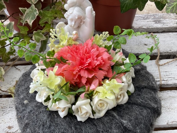 Grabschmuck, Allerheiligengesteck, Kranz FH0047 - lachs, grau, weiß - Engel