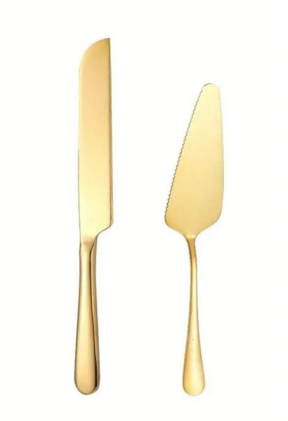 Vermietung Kuchen Besteck Set GOLD zur Hochzeit - Tortenheber & Messer  / 5 €