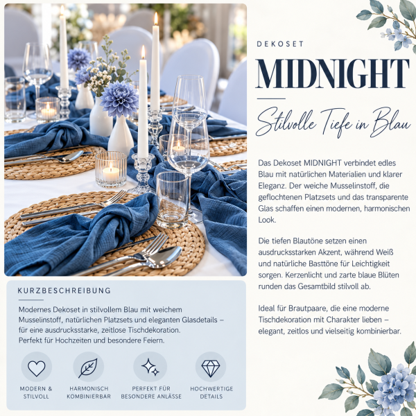 Dekoset MIDNIGHT – stilvoll & ausdrucksstark | Verleih ab 4 € pro Person