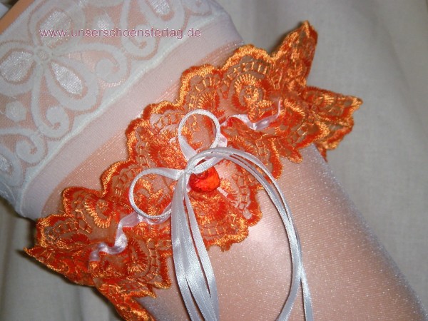 Strumpfband Hochzeit Fasching orange weiß SB051