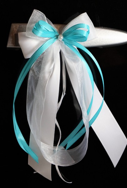 Antennenschleifen " Xenia " zur Hochzeit SCH0140 im 10er Set - weiß, türkis