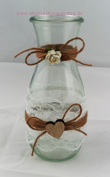 2 x Karaffe Windlicht Vase Hochzeit Tischdeko Herz Spitze Vintage Taufe Jute Kerzenhalter TD0075