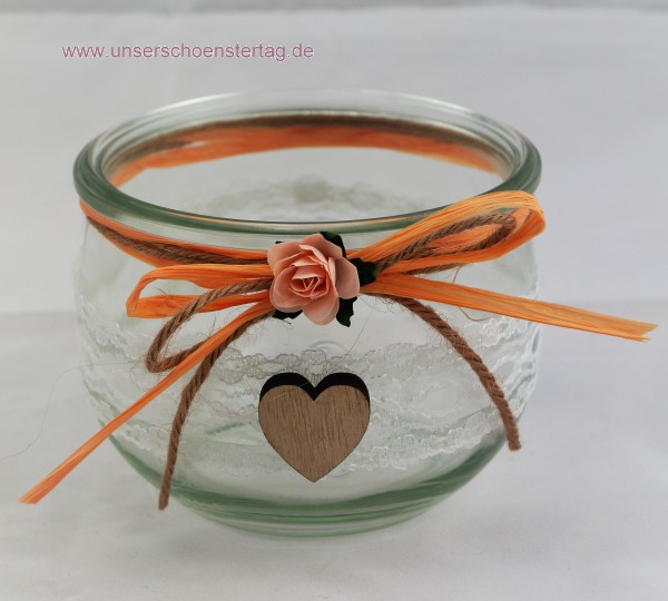 2 x Windlicht Vase Hochzeit Tischdeko Herz Spitze Vintage Taufe Kommunion Kerzenhalter TD0080 aprikot
