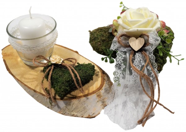 Tischdekoration für ca. 30-40 Pers. Vintage zur Hochzeit TD0114 - Vintage Spitze Moos Birkenscheiben