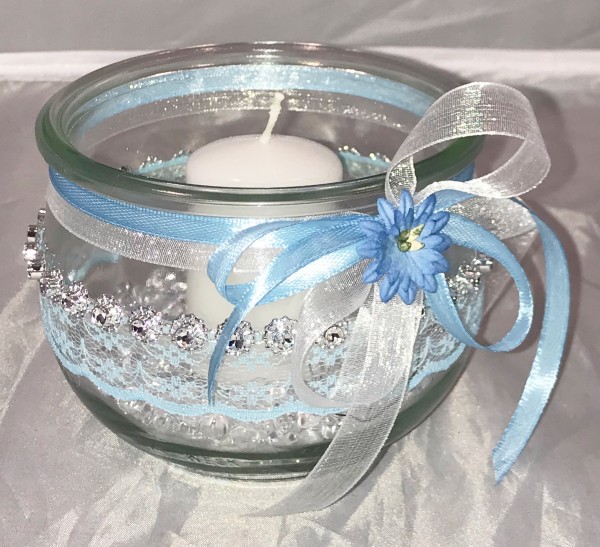 Windlichter zur Hochzeit mit Spitze TD0127 - 5 Stück Tischdekoration im Vintage Style mit Kerze - hellblau