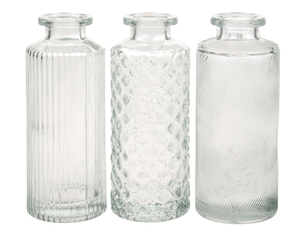 Vermietung 3-tlg. Vasen Set geriffelt aus Glas zur Hochzeit - 13,5 cm / 2,70 €
