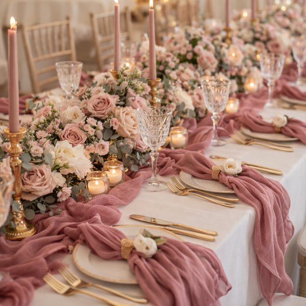 Vermietung von Musselin Stoff Tischläufer ca. 300 cm x 40 cm - Farbe altrosa / 5,50 €